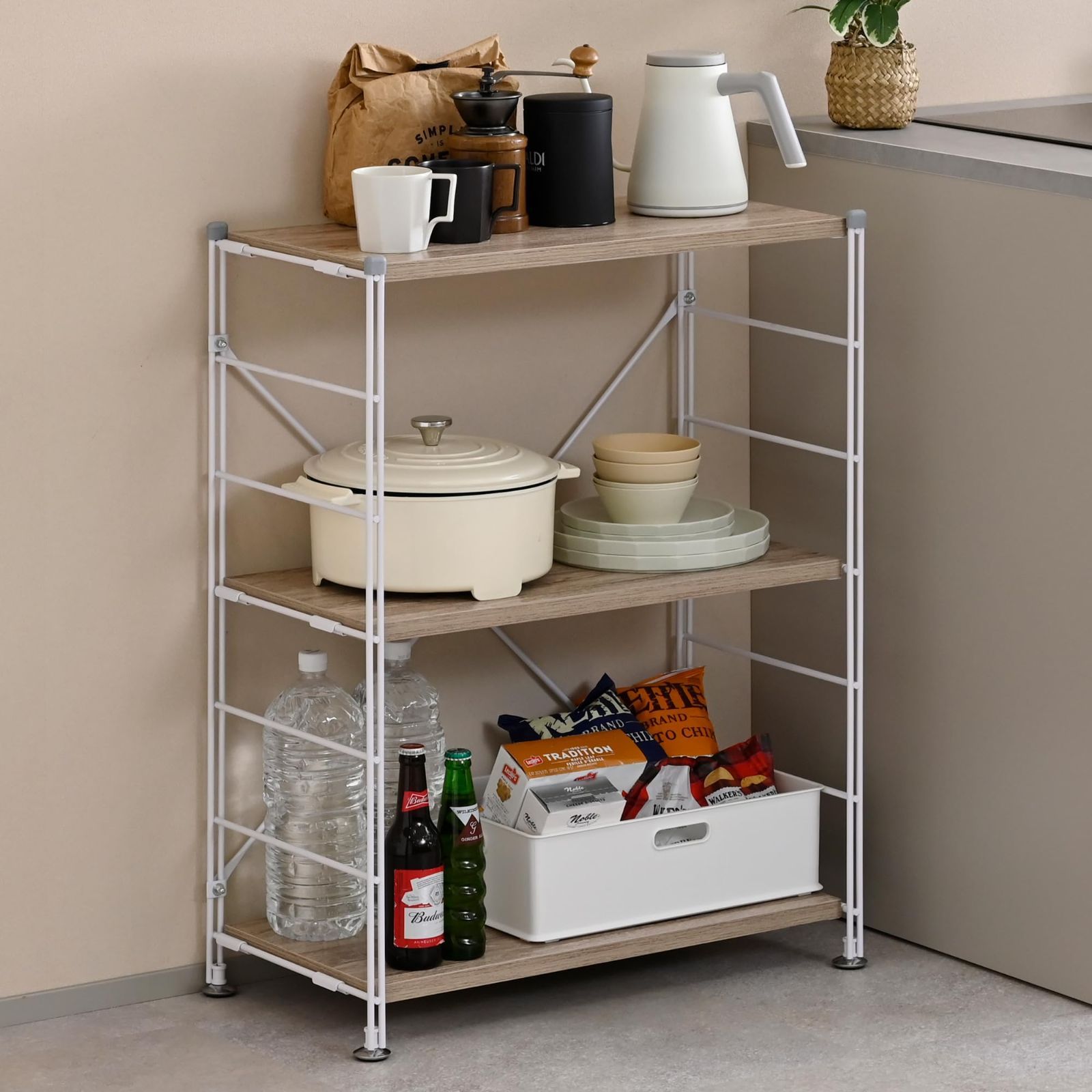 特価 3段 棚 オープンラック 可動棚 ウッドシェルフ 幅85.5×奥行34×高さ85cm キッチン ラック リビング 山善(YAMAZEN) 収納 アンティークアイボリー/サンドホワイト AWS-80833(AIV/SWH)