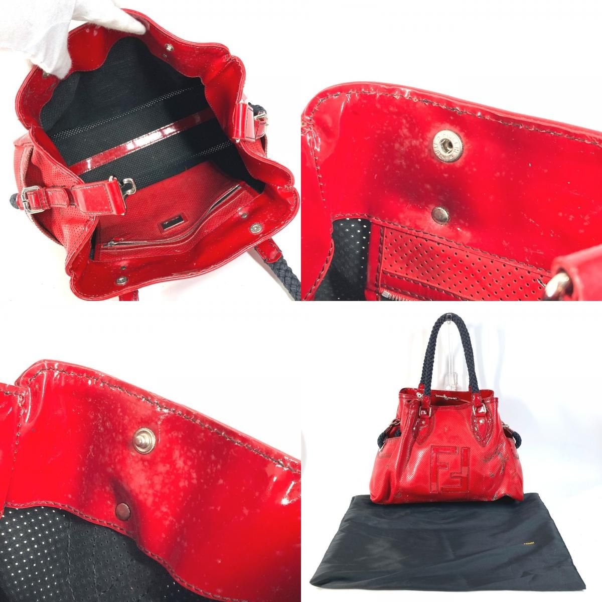 FENDI フェンディ ショルダーバッグ FF ロゴ エトニコ パンチング エナメル レッド FENDI フェンディ ショルダーバッグ FF ロゴ エトニコ パンチング エナメル レッド