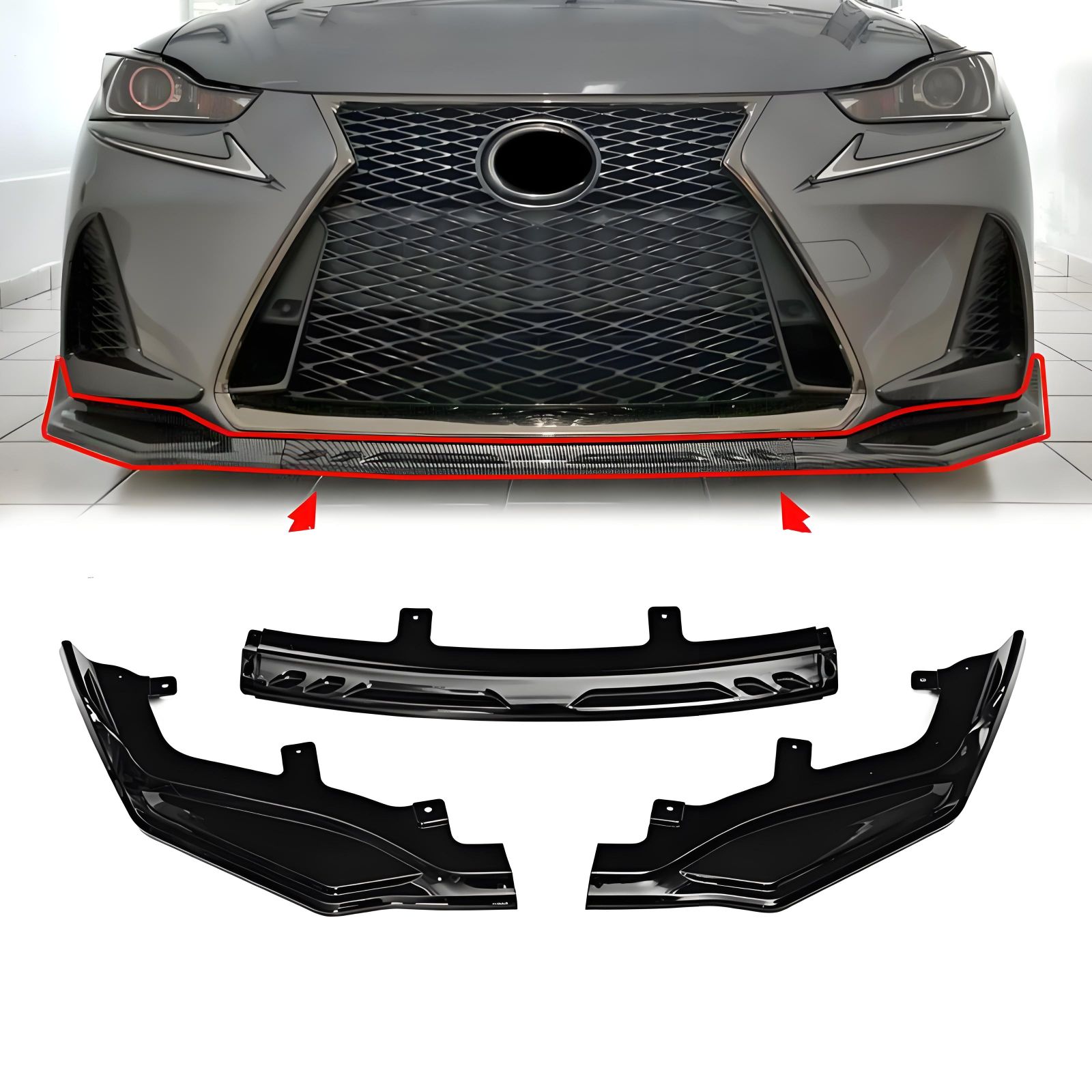 【送料無料】レクサス Lexus IS F-Sport IS300 IS350 2017-2020用 フロントリップスポイラー 3分割 ブラック グロスブラック カーボン柄 フロントアンダー 外装パーツ 立体感 高級感 引き締め感 スポーティ 取付用