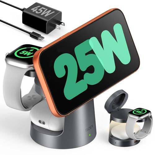 SODI 25W ワイヤレス充電器 3 in 1 充電スタンド ナイトライト付き 磁気吸着式 急速充電 iPhone対応 Apple Watch対応 (5W急速充電) /AirPods対応 25W公式認証 PDアダプター付属 出張・旅行・オフィス用 (スペas