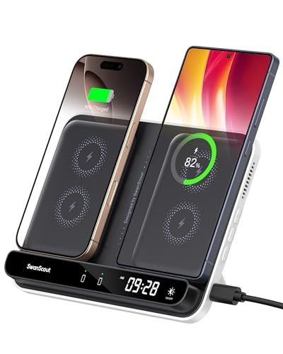 ワイヤレス充電器 2台、iPhone/Galaxy/Pixel対応 充電スタンド 2台同時 置くだけ、折りたたみ式ステーション、iPhone 17/16/15/14シリーズ、Samsung Galaxy S25/S24/S23、Google Pixel 9as
