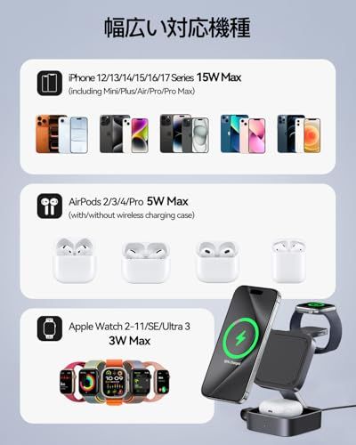 KEEPRO MagSafe 3in1 ワイヤレス充電器 折り畳み充電スタンド 同時に3つのデバイス充電 15W/10W/7.5W 置くだけ充電 マグセーフ充電器 iPhone/Apple Watch/Airpodsに対応 コンパクト旅行用 【20W PDas KEEPRO MagSafe 3in1 ワイヤレス充電器 折り畳み充電スタンド 同時に3つのデバイス充電 15W/10W/7.5W 置くだけ充電 マグセーフ充電器 iPhone/Apple Watch/Airpodsに対応 コンパクト旅行用 【20W PDas