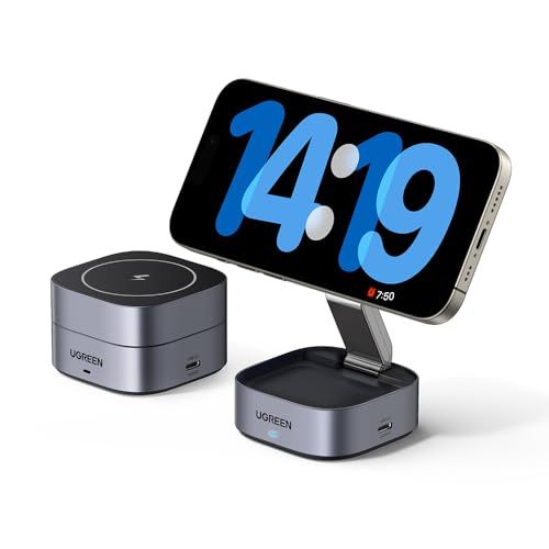 UGREEN Zapix ワイヤレス充電器 2in1 MagSafe対応 7.5W Qi認証 折りたたみ式 マグセーフ 充電スタンド iPhone17/16/15/14/13/12シリーズ、AirPods 3/2/Pro など USB Cポート拡張 (USas