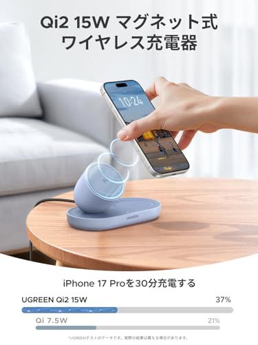UGREEN Zapix ワイヤレス充電器 MagSafe 15W Qi2認証 2-in-1 イヤホン iPhone ワイヤレス充電 マグネット式【卓上用/48°絶妙な視角 】 iPhone 17/16/15/14/13/12シリーズ & AirPods対as