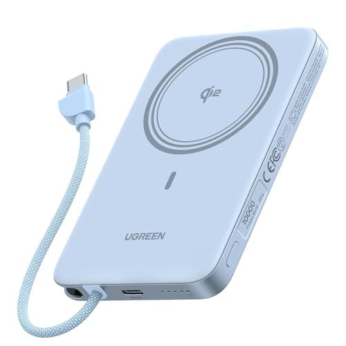 UGREEN Air マグネット式ワイヤレス充電 薄型 10000mAh Qi2認証 15W MagSafe対応 ケーブル内蔵 USB-C PD 30W高出力 軽量 小型 携帯便利 パススルー充電対応 iPhone 17 / 16 / 15 / 14 / as