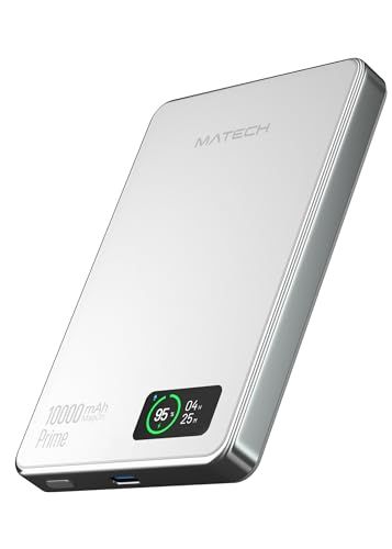 MATECH Qi2 マグセーフ 超薄型 小型 軽量(薄さ12.9mm, 10000mAh)【MagSafe対応マグネット式/最大出力15W ワイヤレス/タイプC PD22W/iPhone12~16対応】(MagOn Prime 10000) (ホワイト)as