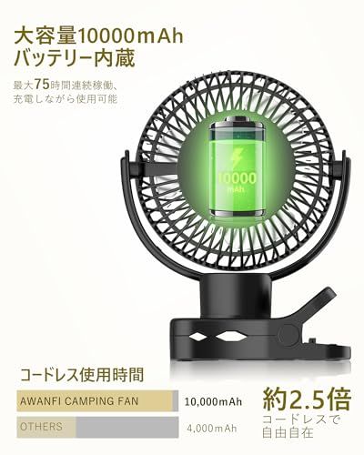 【360度自動首振り・10000mAh 】キャンプ 扇風機 クリップ 卓上 吊り下げ USB充電式 リモコン付き 静音 小型 風量調節可能 LEDライト搭載 キャンプ アウトドア 黒 AWANFIas 343607ee 【360度自動首振り・10000mAh 】キャンプ 扇風機 クリップ 卓上 吊り下げ USB充電式 リモコン付き 静音 小型 風量調節可能 LEDライト搭載 キャンプ アウトドア 黒 AWANFIas 343607ee