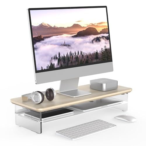 Fenge モニター台 モニタースタンド 卓上 机上台 パソコン台 PC台 机上ラック 60cm横幅 2段 木製天板 アクリル製脚 デスクトップ用 机上 モニタースタンド 机上台 pcモニター台 パソコンラック 卓上 収納 整理整頓 オークG 21967667