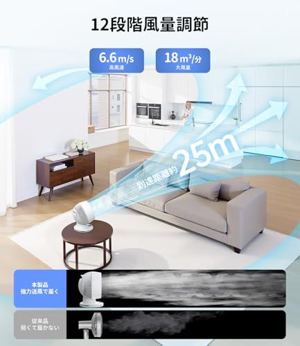 WIE サーキュレーター DCモーター 30畳対応 ECO節電モード搭載 省エネ 3D首振り 静音 4モード 12段階風量調節 1～12時間タイマー リモコン付き（マグネット収納）小型 扇風機 強力送風/空気循環/換気/部屋干し/衣類乾燥/冷 145bc3dc