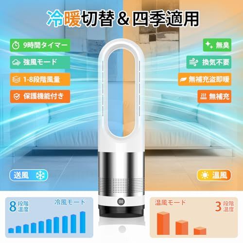 タワーファン 扇風機 スリム扇風機【冷暖両用＆羽根なし＆DCモーター電気代節約】セラミックヒーター ファンヒーター 電気ファンヒーター 3段階暖風・8段階冷風切り替え 100°左右首振り 1-9Hタイマー設定可 転倒自動OFF 過熱保護 リモ 4c8b53cb
