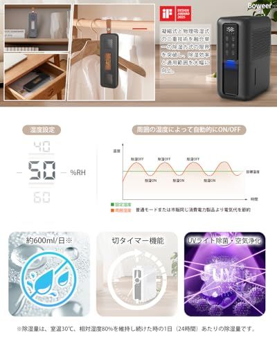 Boweer 除湿機【凝縮&物理吸湿】無電源除湿ボックス 除湿器 2L大容量 タイマー付き 自動停止 強力除湿 部屋干し 湿気取り 衣類乾燥 カビ対策 梅雨対策 小型 コンパクト 静音 省エネ リビング/寝室/脱衣所/台所/押入れ/トイレ/ク d396cf2b
