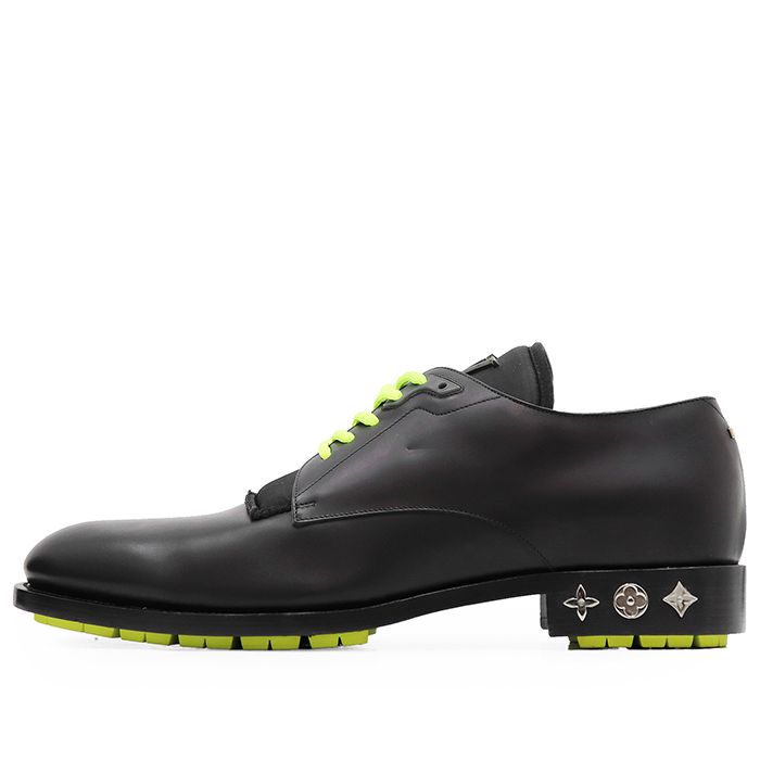 【SALE】LOUIS VUITTON ルイ・ヴィトン ダービーシューズ サイズ 7 メンズ 2018年モデル レザー モノグラム フラワー メタルパーツ バイカラー シューズ 革靴 ブラック ネオンイエロー 黒 黄 イタリア製 MT1128