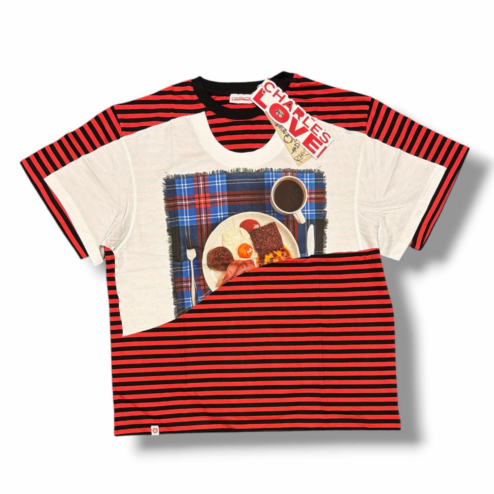 未使用 CHARLES JEFFREY LOVERBOY AULD HAG DOUBLE TEE ストライプフォトプリントTシャツ カットソー チャールズ ジェフリー ラバーボーイ レッド系 M （4702M）