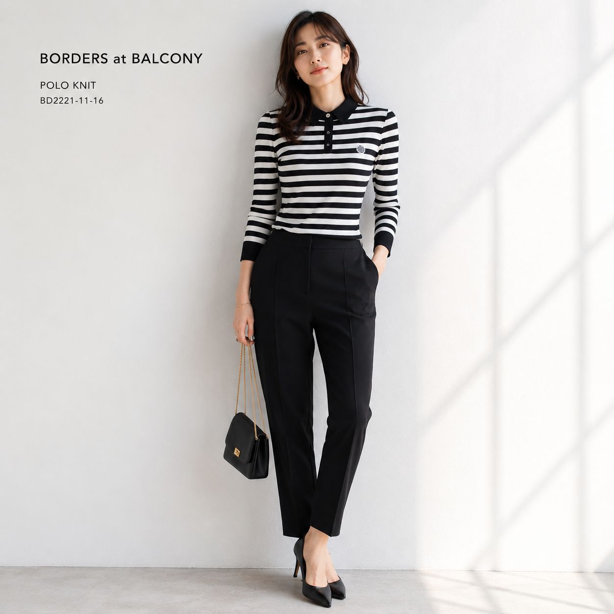 【新品同様】BORDERS at BALCONY / ボーダーズアットバルコニー ポロニット(襟付き) 36「7号(Sサイズ)〜な9号(Mサイズ)相当」ブラック ポリエステルBLEND ニット素材 オフィスカジュアル 通勤コーデ 大人カジュアル