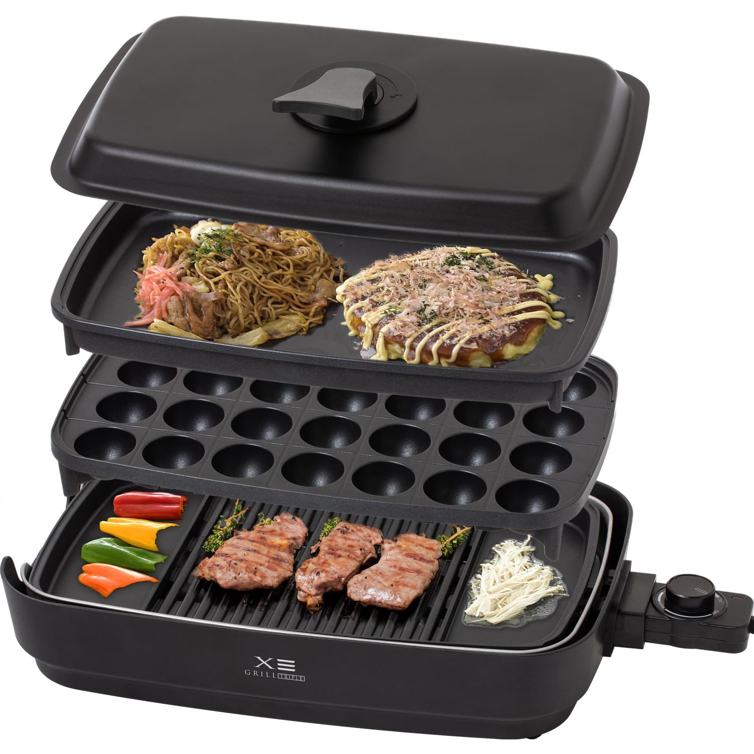 [山善] 煙の少ない 焼き肉グリル XGRILL TRIPLE 一人暮らし 二人暮らし 「素早く、美味しく焼ける」 ホットプレート 3枚 (焼肉/たこ焼き/平面) 煙約65%カット 温度調節80~230度 プレート着脱可能 YHP-TX130 6506d2c5