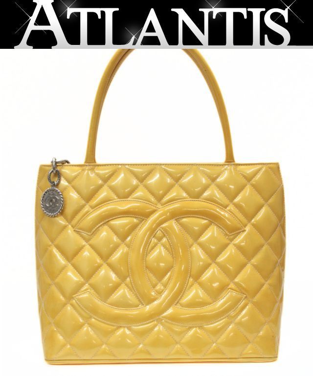 シャネル CHANEL 復刻トート ハンドバッグ パテントレザー イエロー 6番台 【74779】