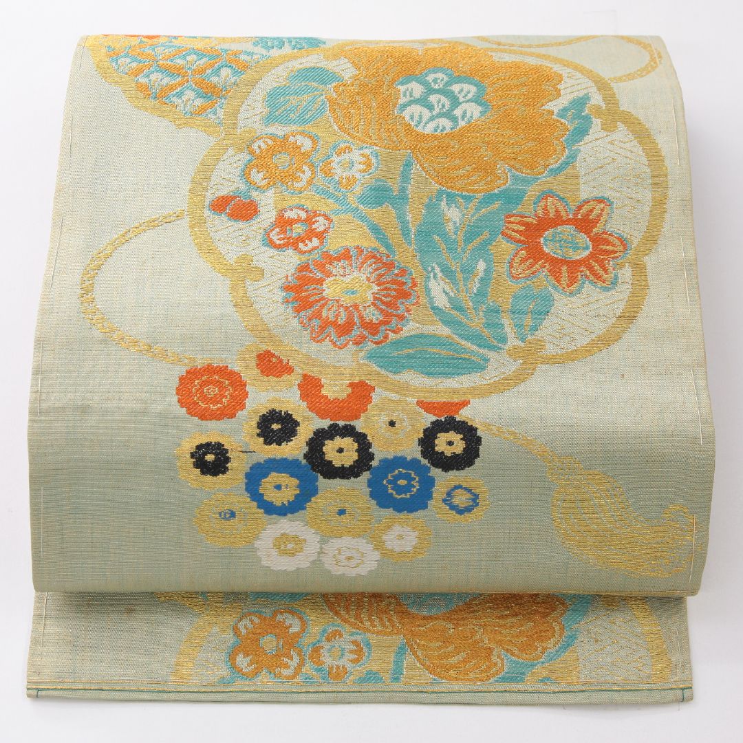 お買い得品！アンティーク 九寸名古屋帯 Cランク 帯丈342cm 正絹 六通 名古屋仕立て 織り 薬玉 緑系 RP 1245-04048
