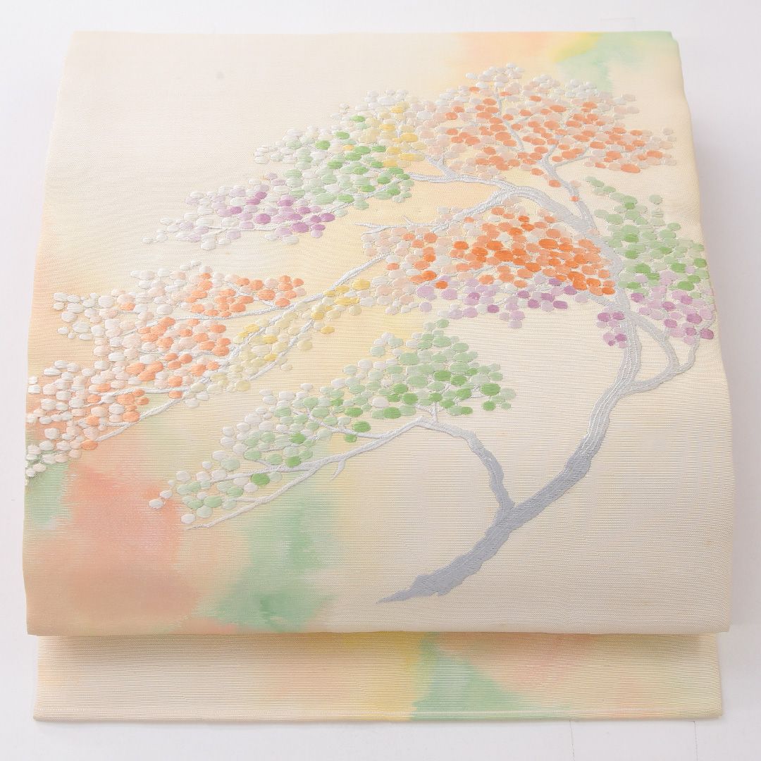 お買い得品！九寸名古屋帯 Aランク 帯丈368cm 正絹 ポイント柄 名古屋仕立て 織り インフォーマル 植物柄 クリーム系 RP 1245-04052