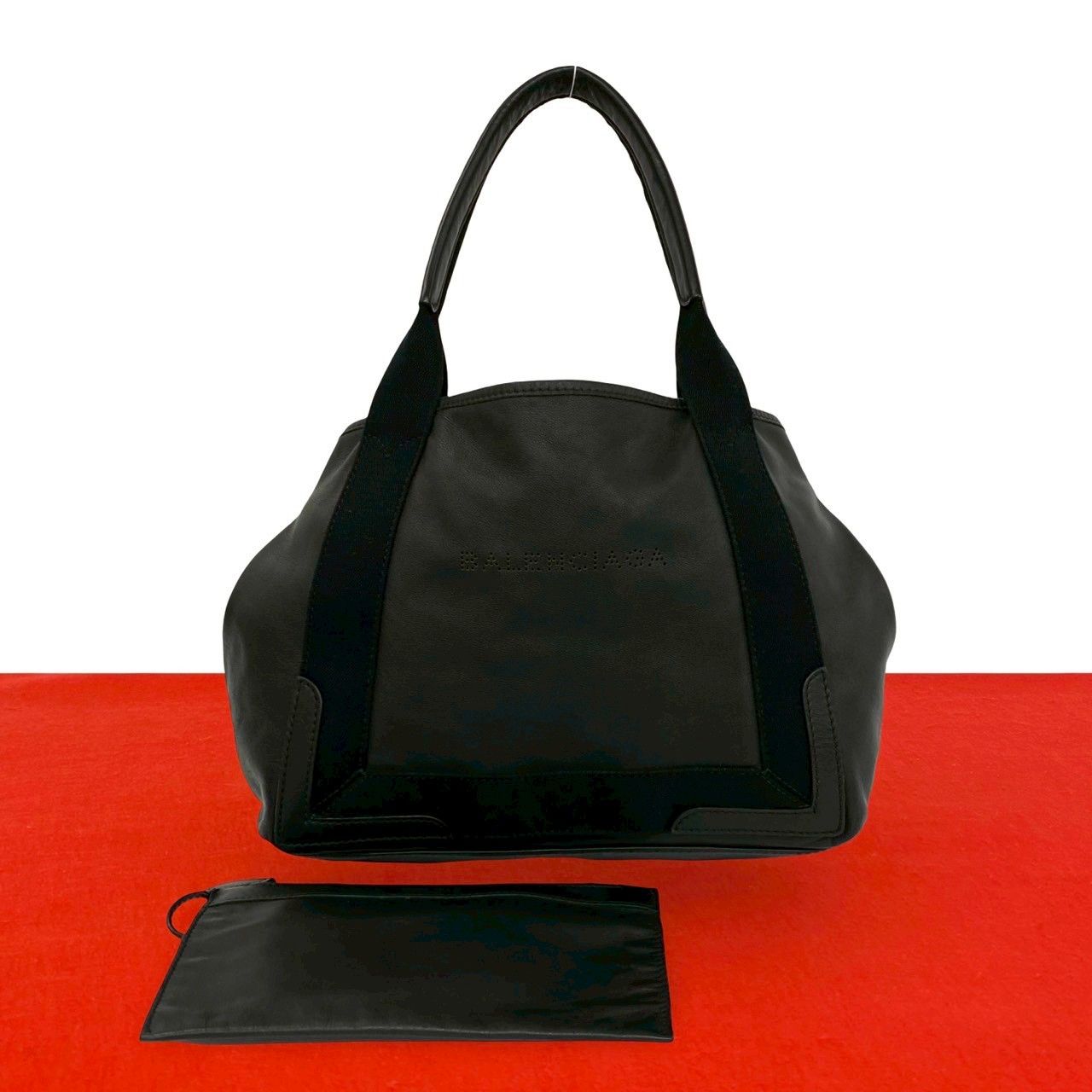 極 美品 BALENCIAGA バレンシアガ ネイビーカバス XS レザー 本革 キャンバス トートバッグ ハンドバッグ セミショルダー ブラック 87602