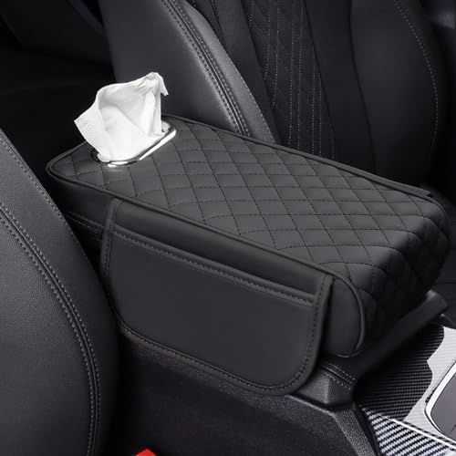 コンソールボックス車用 肘置きアームレストカバー 肘掛けクッションティッシュ収納 便利なポケット 人間工学デザイン 疲労を軽減 長時間運転対策 PU素材 クロスステッチ柄 記憶スポンジコア ほとんどの車種に適しています ブラック - ティッシュボックスとサkk