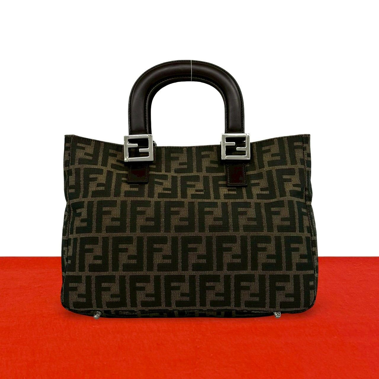 ほぼ未使用 FENDI フェンディ ヴィンテージ ズッカ FF 柄 キャンバス レザー 本革 ハンドバッグ トートバッグ ブラウン ブラック 20077