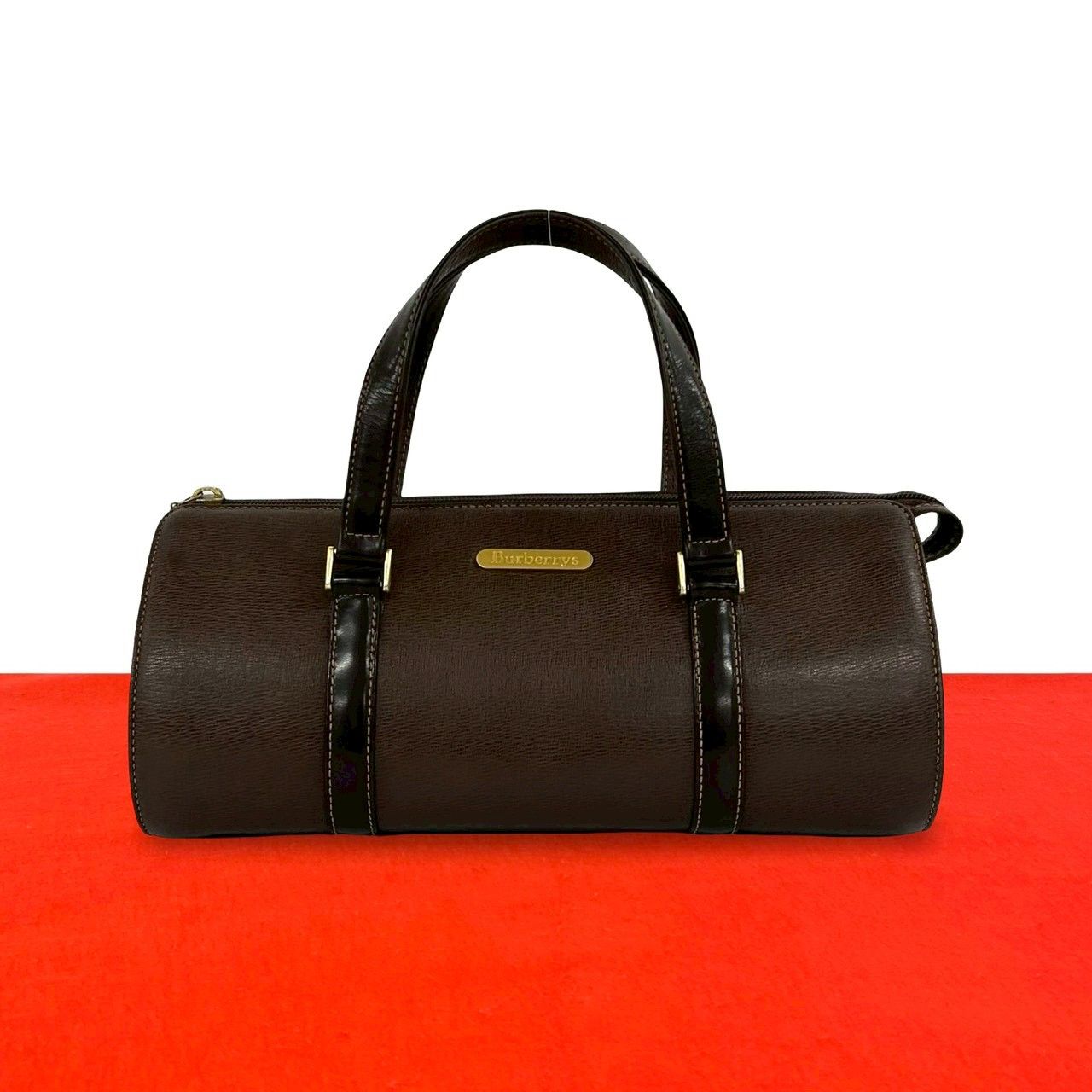 極 美品 BURBERRY バーバリー ヴィンテージ ノバチェック 柄 ロゴ 金具 レザー 本革 ハンドバッグ ミニ ボストンバッグ ブラウン 38133