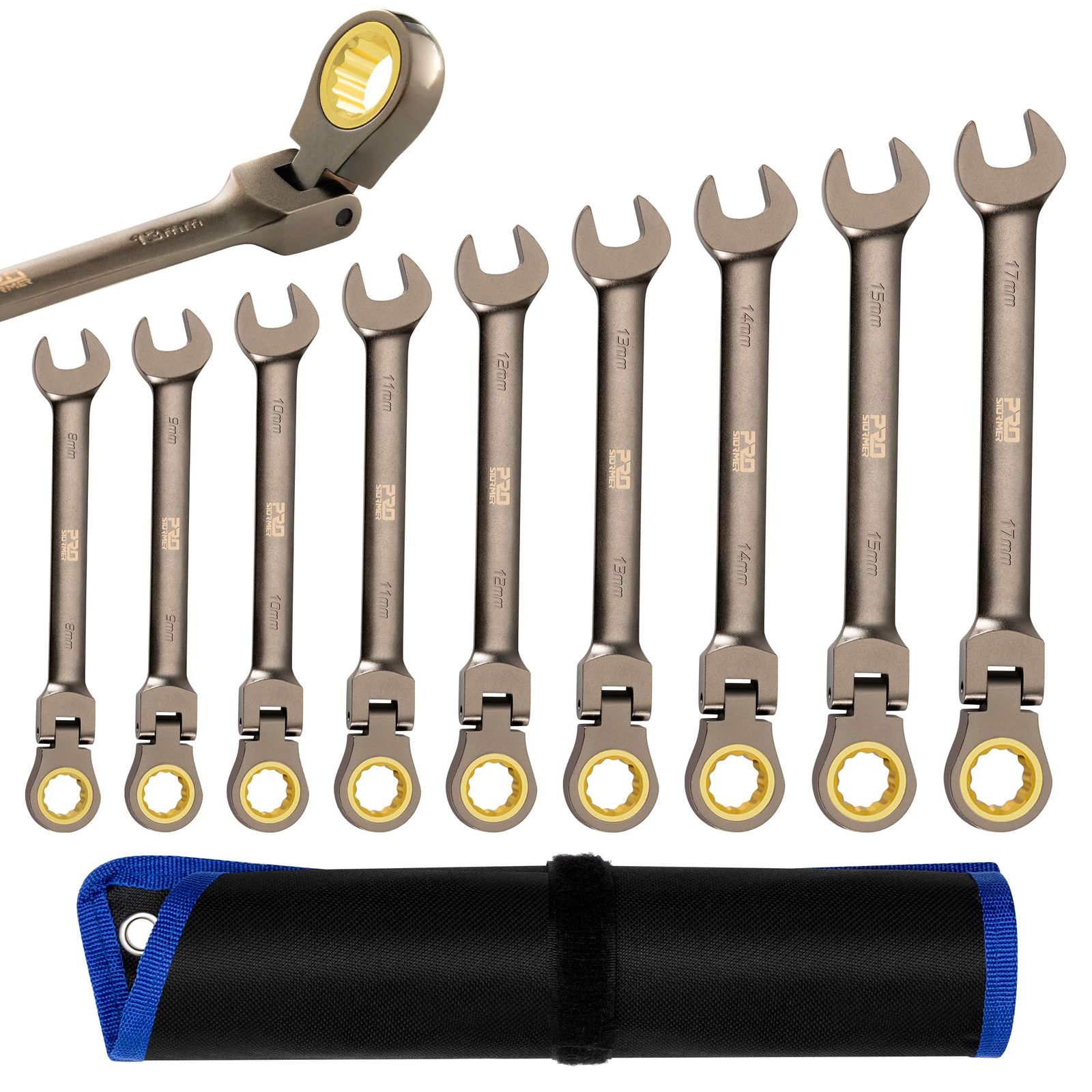 Prostormer コンビネーションレンチ フレックスラチェットレンチ 9本組(8、9、10、11、12、13、14、15、17mm) 首振りラチェット コンビネーションレンチセット コンビセット 両用ヘッド スパナ レンチ 角度調整可能 13b69cc6