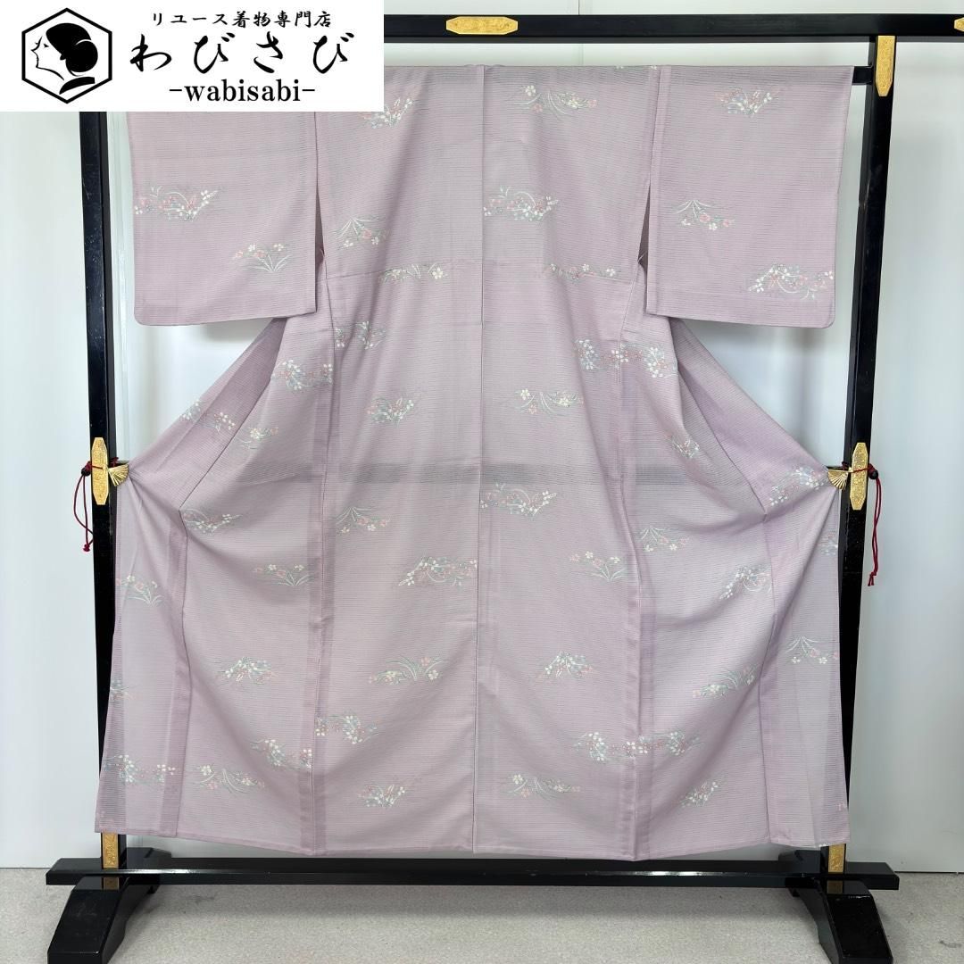 夏着物 小紋 絽 花模様 淡藤色 ふくよかサイズ K-5990