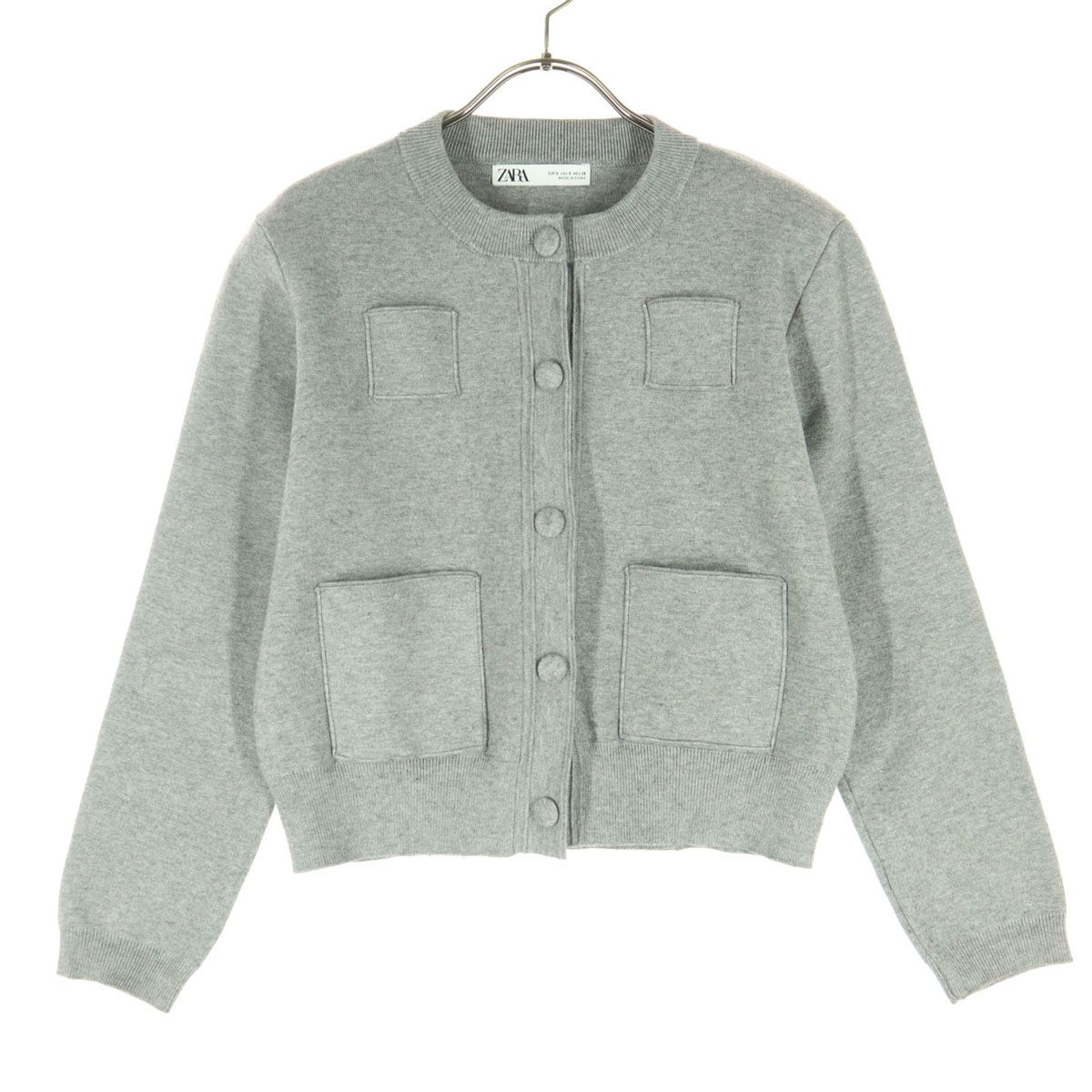 美品 ZARA ザラ 長袖 ニットジャケット S グレー 肩パッド レディース 古着