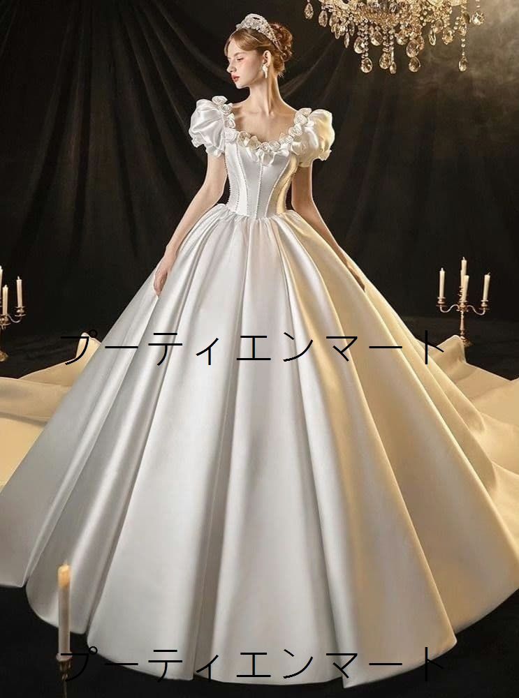 人気商品 新品 気品漂う光沢サテンとパフスリーブが美しいロイヤルドレス