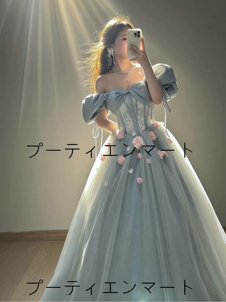 人気商品 新品 スモーキーブルーに咲く花々　気品と可憐さを纏う幻想的プリンセスドレス