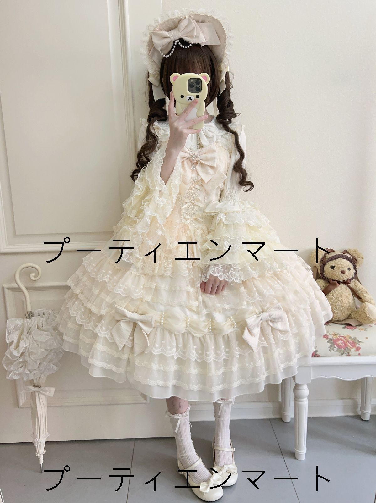 人気商品 冬用 ロリータドレス JSK吊りスカート 多層レース＆リボン装飾 ドール風 甘ロリ 豪華デザイン 撮影会・推し活・イベント用 プレゼントにも最適 ベージュ