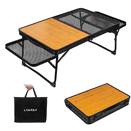 LIXADA キャンプ テーブル メッシュ 折りたたみ テーブル アウトドア テーブル メッシュテーブル 木目 超軽量 2.1kg アルミ ピクニック ロータイプ 収納袋付き 耐荷重40kg 耐熱 二つ折りテーブル バーベキュー テーブル 8 c57878b8