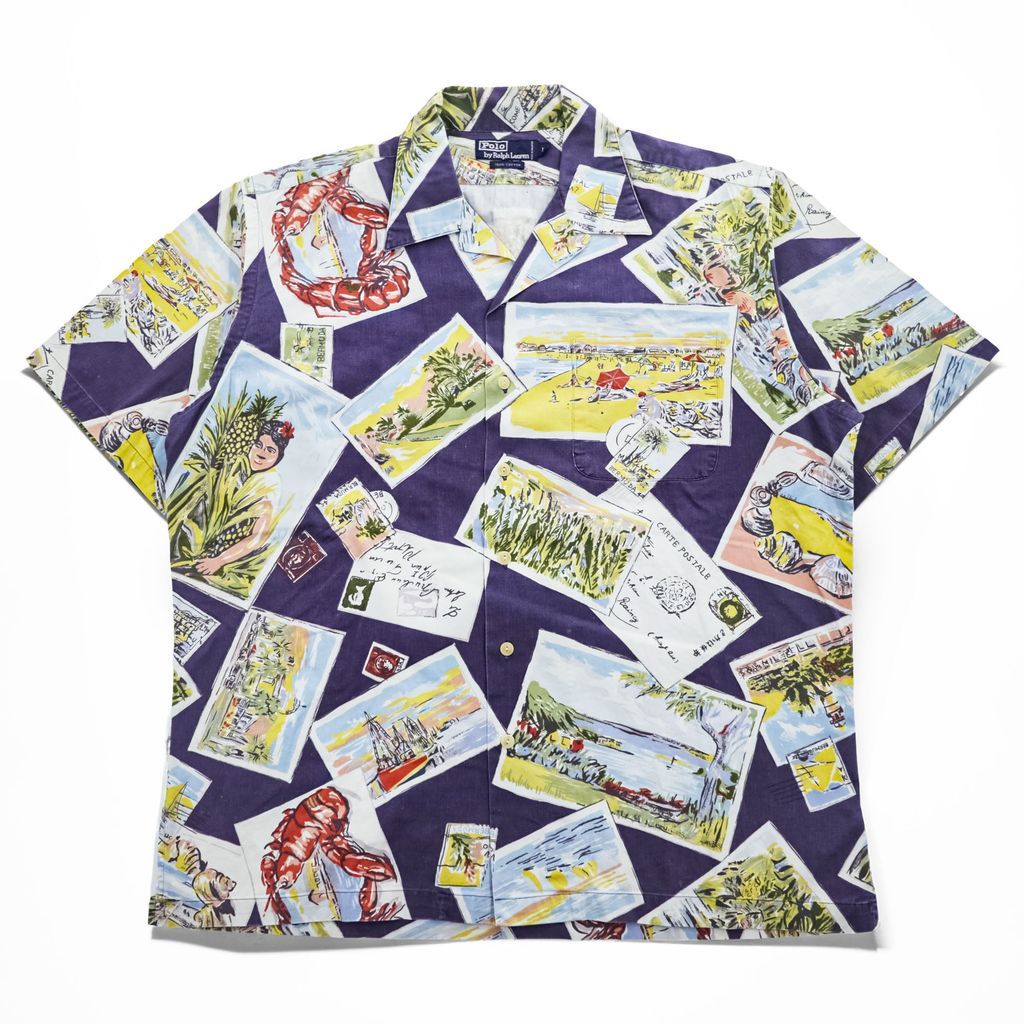 Polo Ralph Lauren 90年代 ヴィンテージ ポストカード アロハシャツ 半袖 オープンカラーシャツ L ネイビー 総柄 ボックスシルエット 開襟