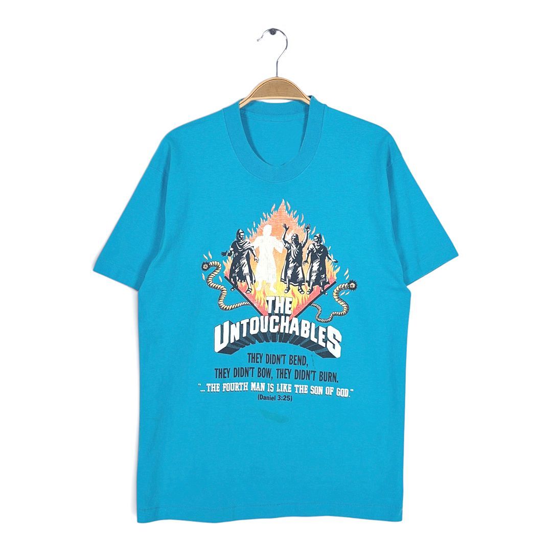 90s 聖書 ダニエル書3章25節 ヴィンテージ Tシャツ バイブル アンタッチャブルズ ブルー シングルステッチ サイズL相当 古着 BZ0579