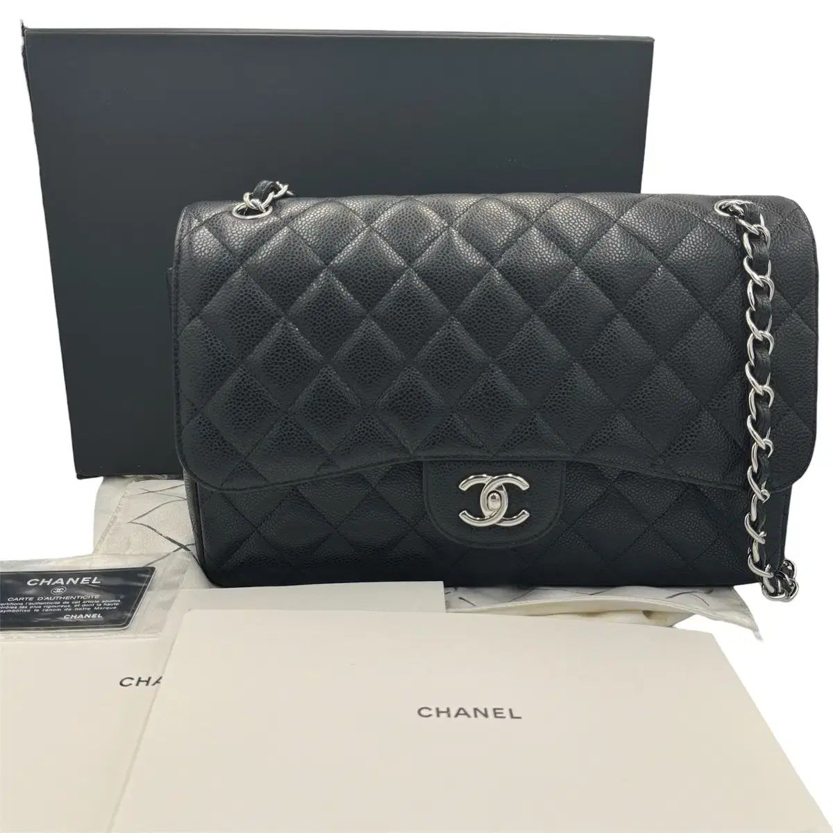 シャネル CHANEL クラシック Classic キャビア ラージ large フラップバッグ black ブラック シルバー 銀装