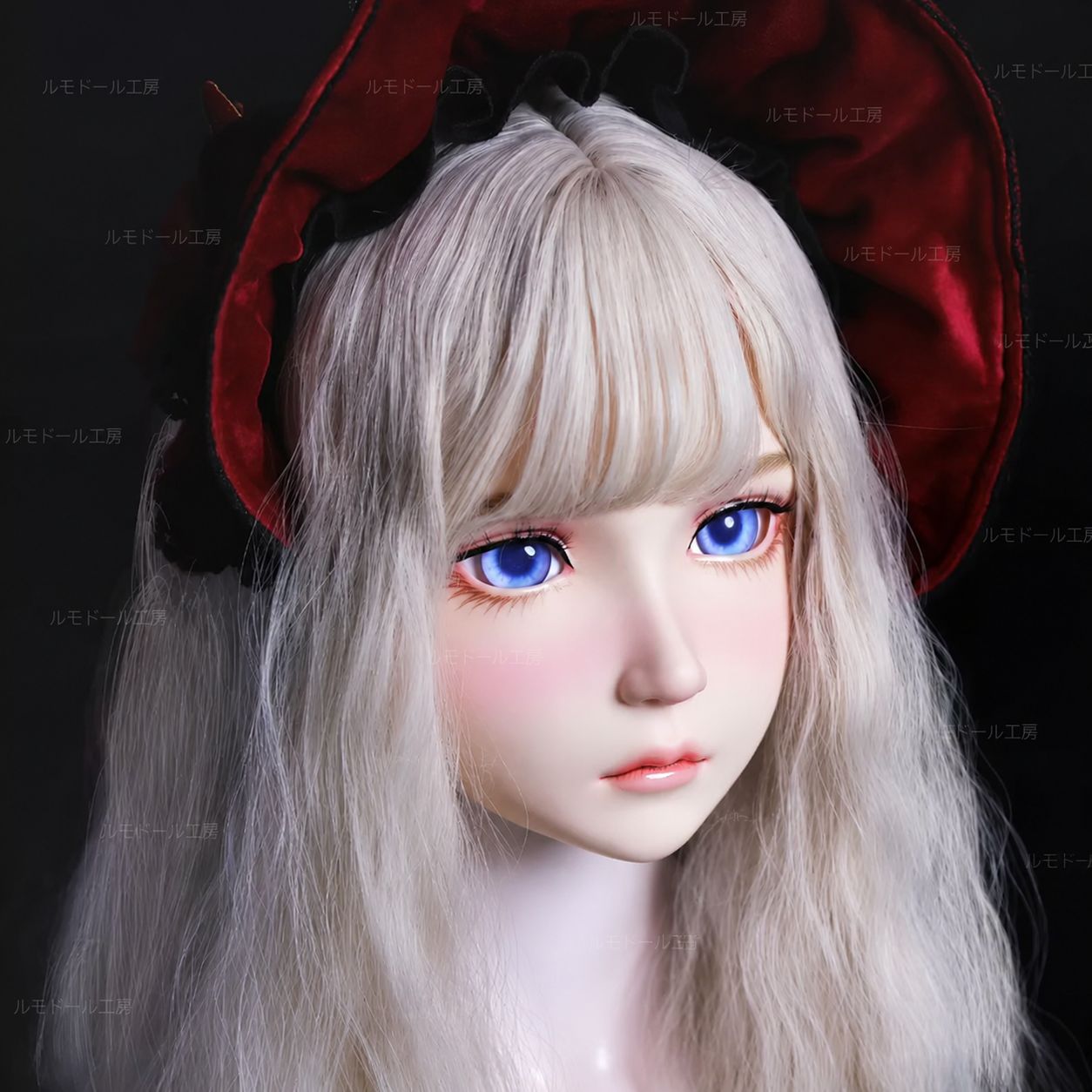 キグルミヘッド 半頭マスク ドール顔 シルバーブロンド ロングヘア ブルーアイ BJD風 アニメ顔 美少女 59cm対応 ハンドメイド コスプレ 撮影用 一点物