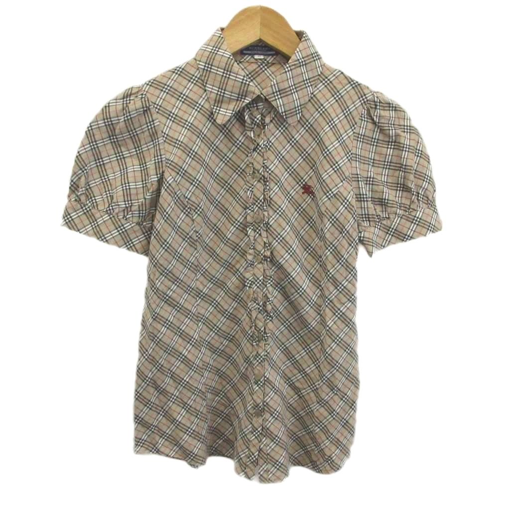 バーバリー ロンドン BURBERRY LONDON シャツ ブラウス 38 グレージュ ベージュ チェック柄 パフスリーブ 半袖 /YU ■GY99