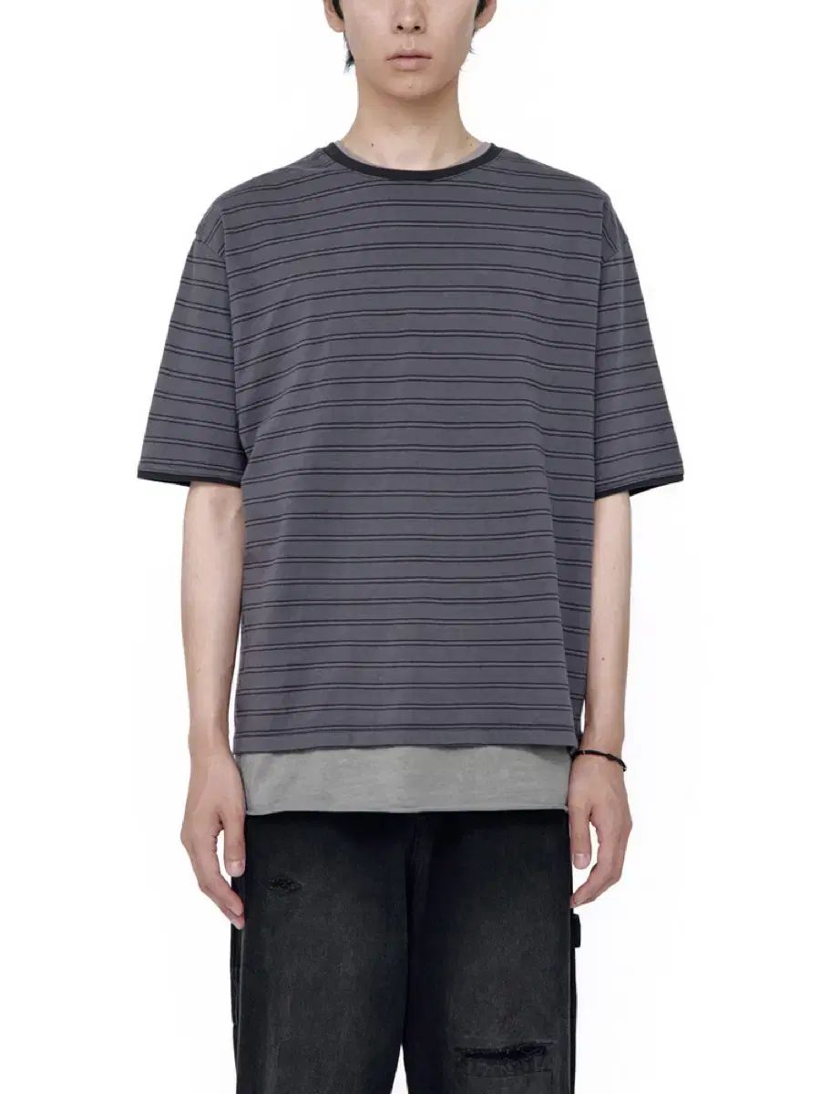 3 ポリテュル ルーズドストライプ Tシャツ パープルグレー