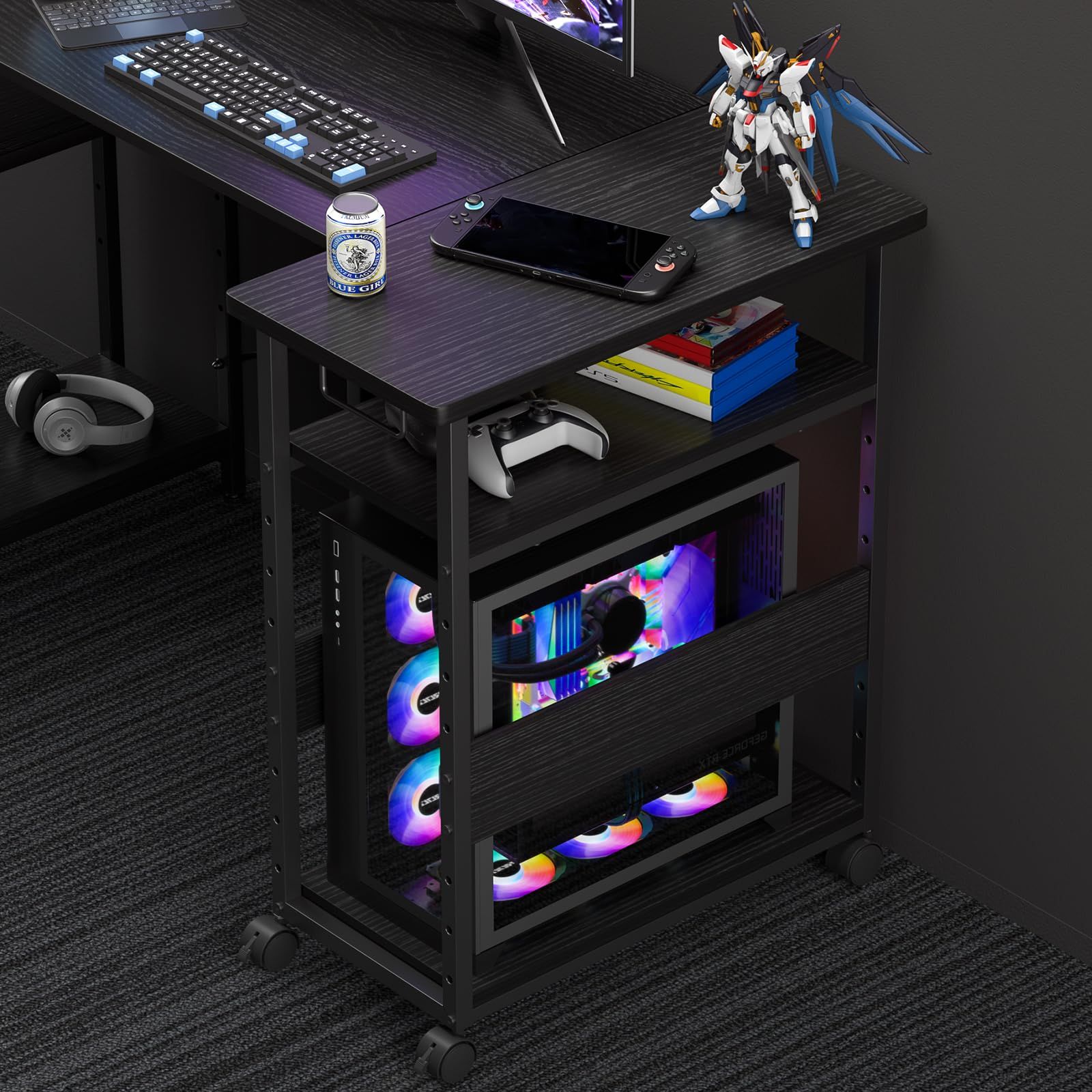 pcラック 3段 pcワゴン【幅30×奥行60×高さ70cm】パソコンワゴン キャスター付き 棚板高さ9段階調節 パソコンラック cpuワゴン 両側取っ手付き プリンターラック サイドデスク 木製 デスクサイドワゴン オフィス収納 (ブラック f32aad9b