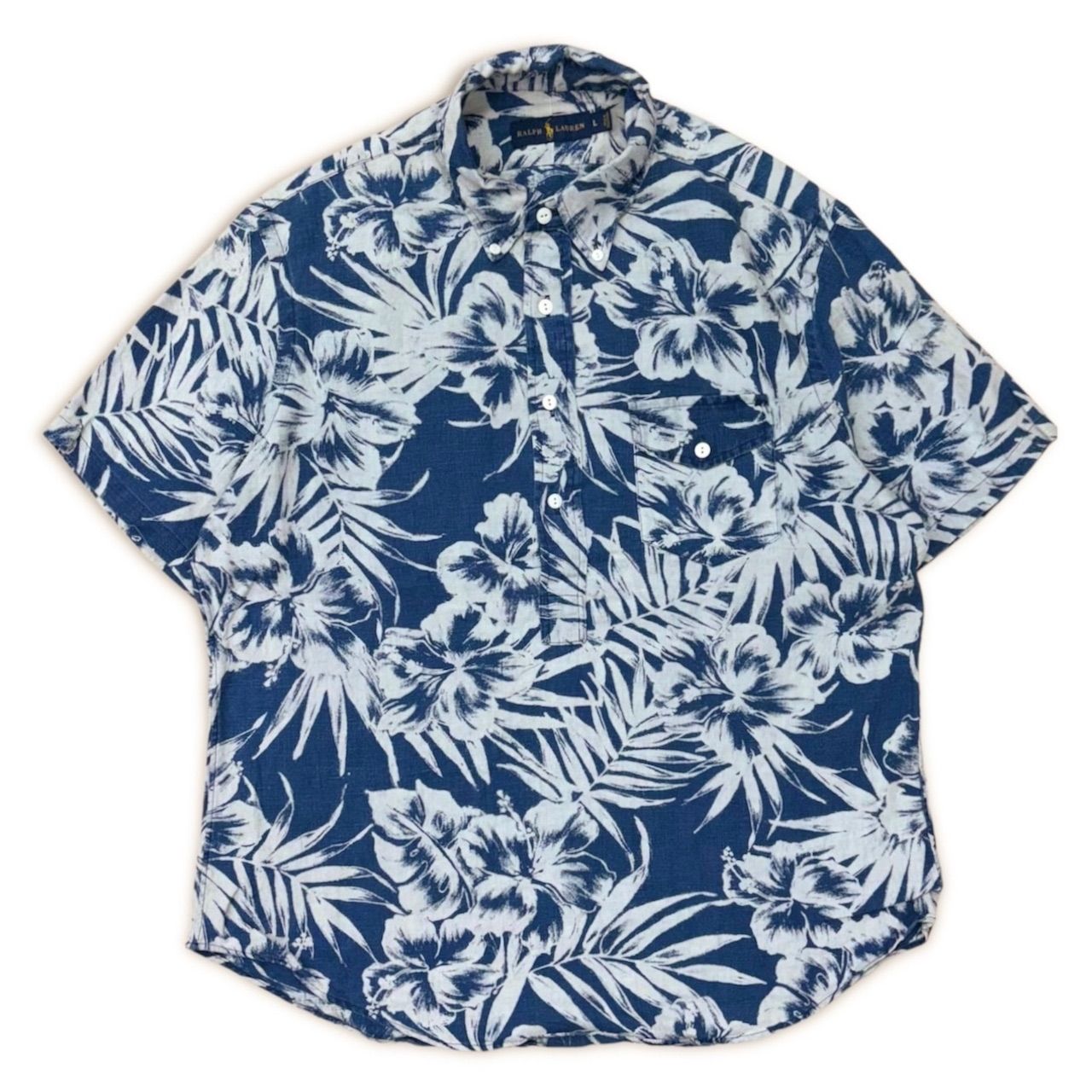 【ralph lauren】 LINEN grandpa shirt ラルフローレン　グランパシャツ　半袖　オープンカラー　総柄　BDシャツ