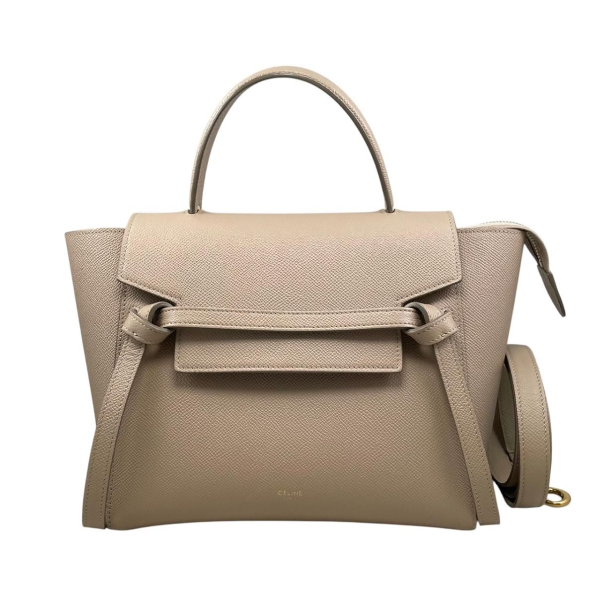 ☆セリーヌ ハンドバッグ ショルダーバッグ マイクロ ベルトバッグ 180153 カーフスキン ロゴ ベージュ ゴールド金具 CELINE
