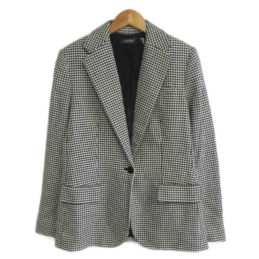 ローレンラルフローレン LAUREN RALPH LAUREN 美品 ハウンドトゥース コットンブレンド ツイル ブレザー 2 白 ホワイト 黒 ブラック IB096