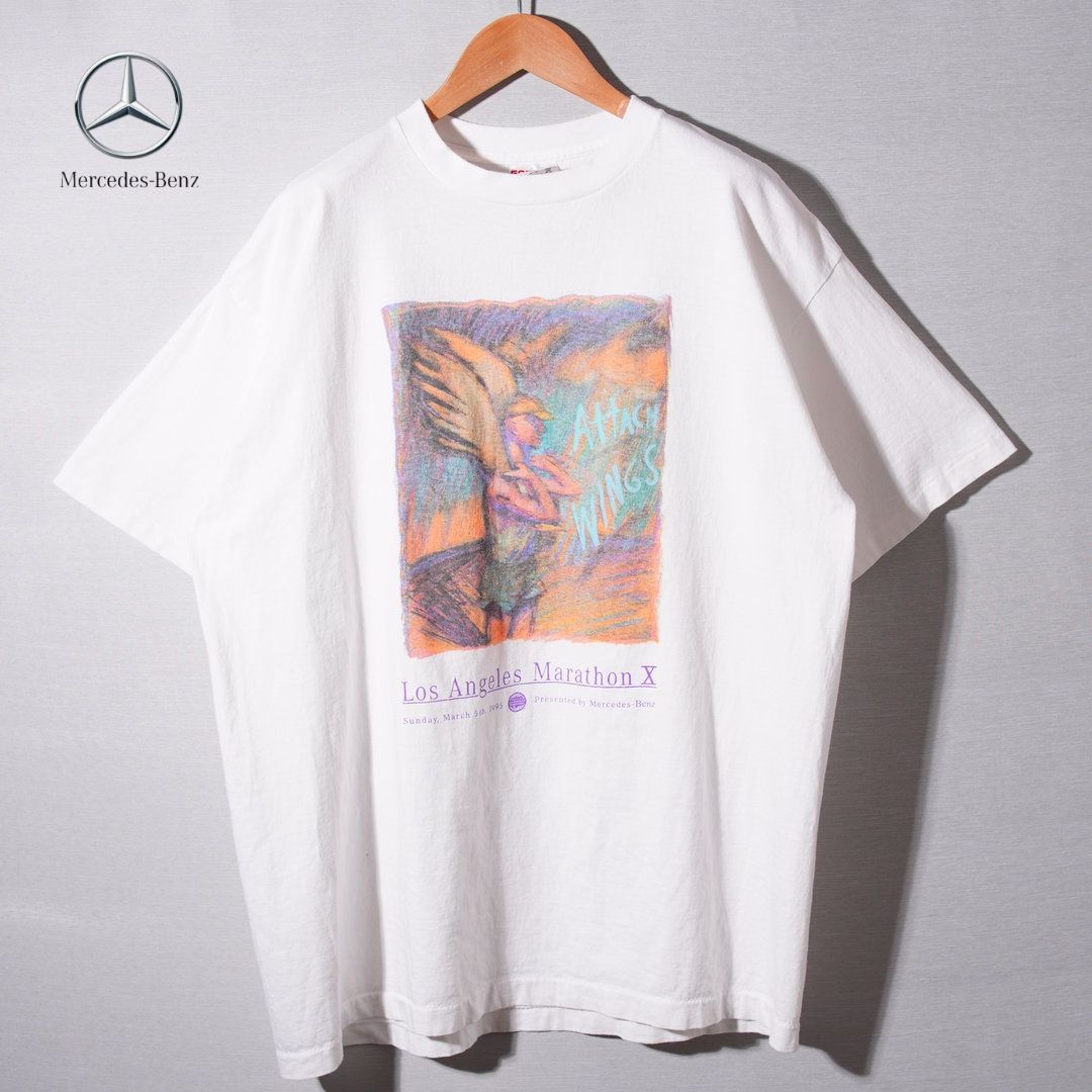 90s USA製 メルセデス ベンツ Mercedes-Benz Tシャツ XL ホワイト 1995年製 プロモT 企業T SOF Tee ロサンゼルスマラソン アートT ヴィンテージ シングルステッチ オーバーサイズ 古着 T043