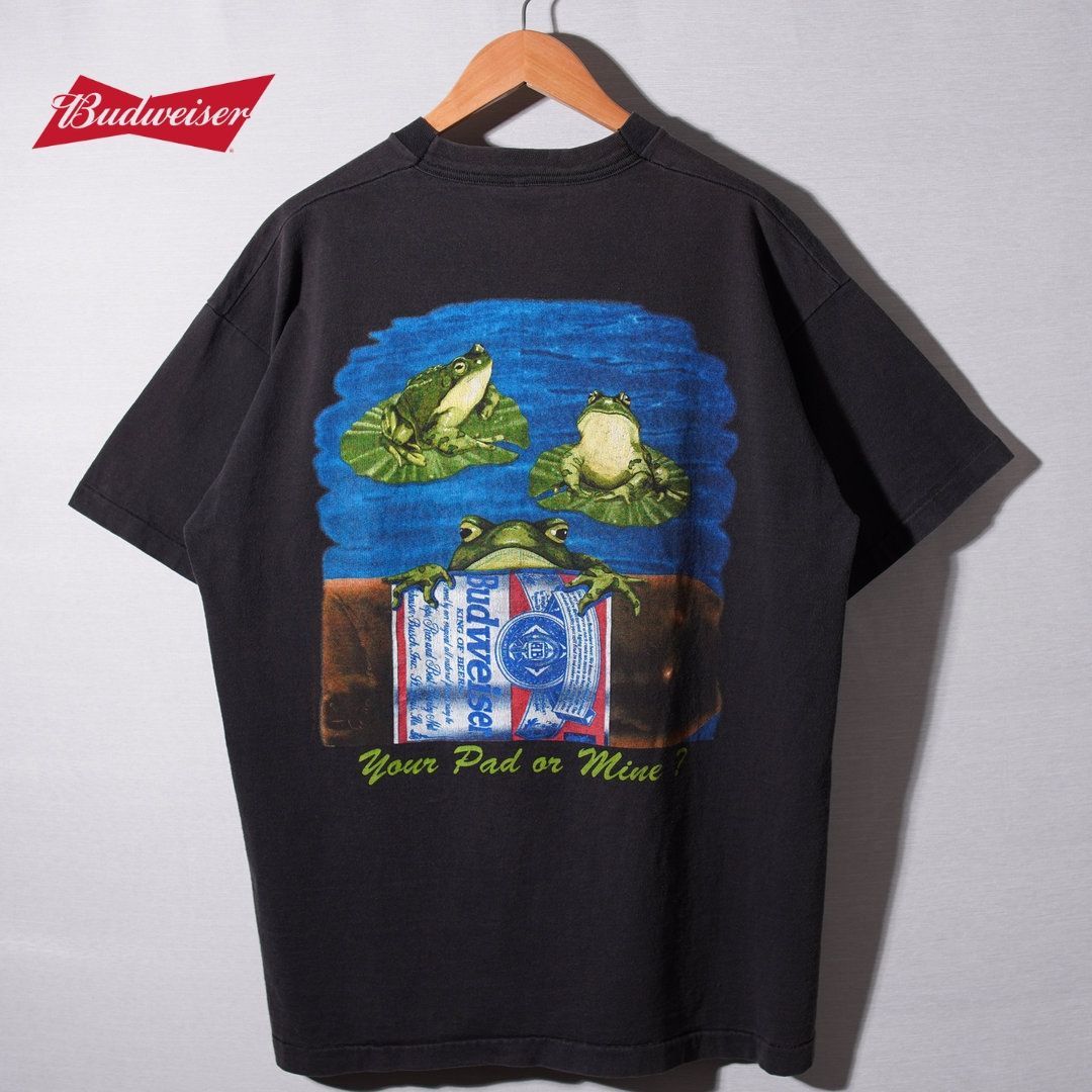 90s USA製 バドワイザー Budweiser Tシャツ XL ブラック フルーツオブザルーム FRUIT OF THE ROOM ヴィンテージ Vintage プロモT 企業T オーバーサイズ 古着 T045