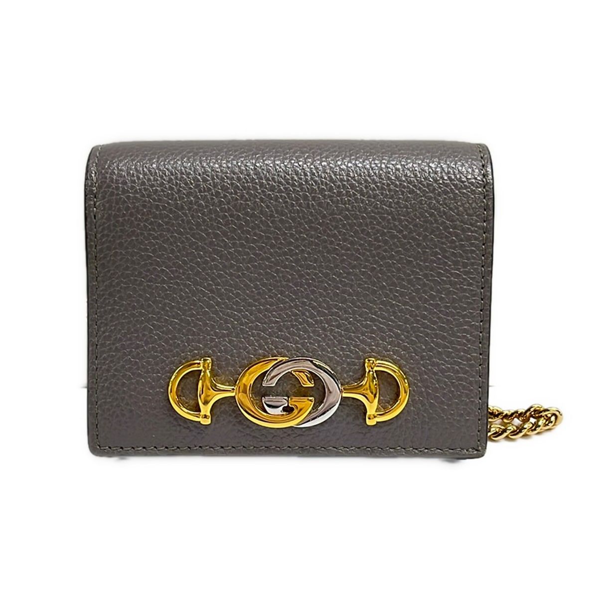 GUCCI(グッチ) 2つ折り財布美品 ズゥミ 570660 グレー×ゴールド×シルバー チェーンストラップ着脱可 レザー