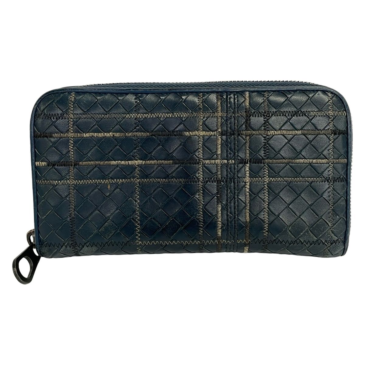BOTTEGA VENETA(ボッテガヴェネタ) 長財布 イントレチャート ダークネイビー×黒×マルチ チェック柄/ラウンドファスナー レザー