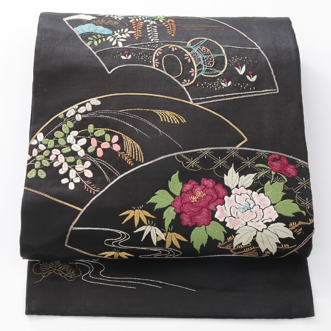 お買い得品！アンティーク 九寸名古屋帯 Aランク 帯丈329cm 正絹 ポイント柄 名古屋仕立て 織り 落款 扇面文 黒系 M4 1245-04177