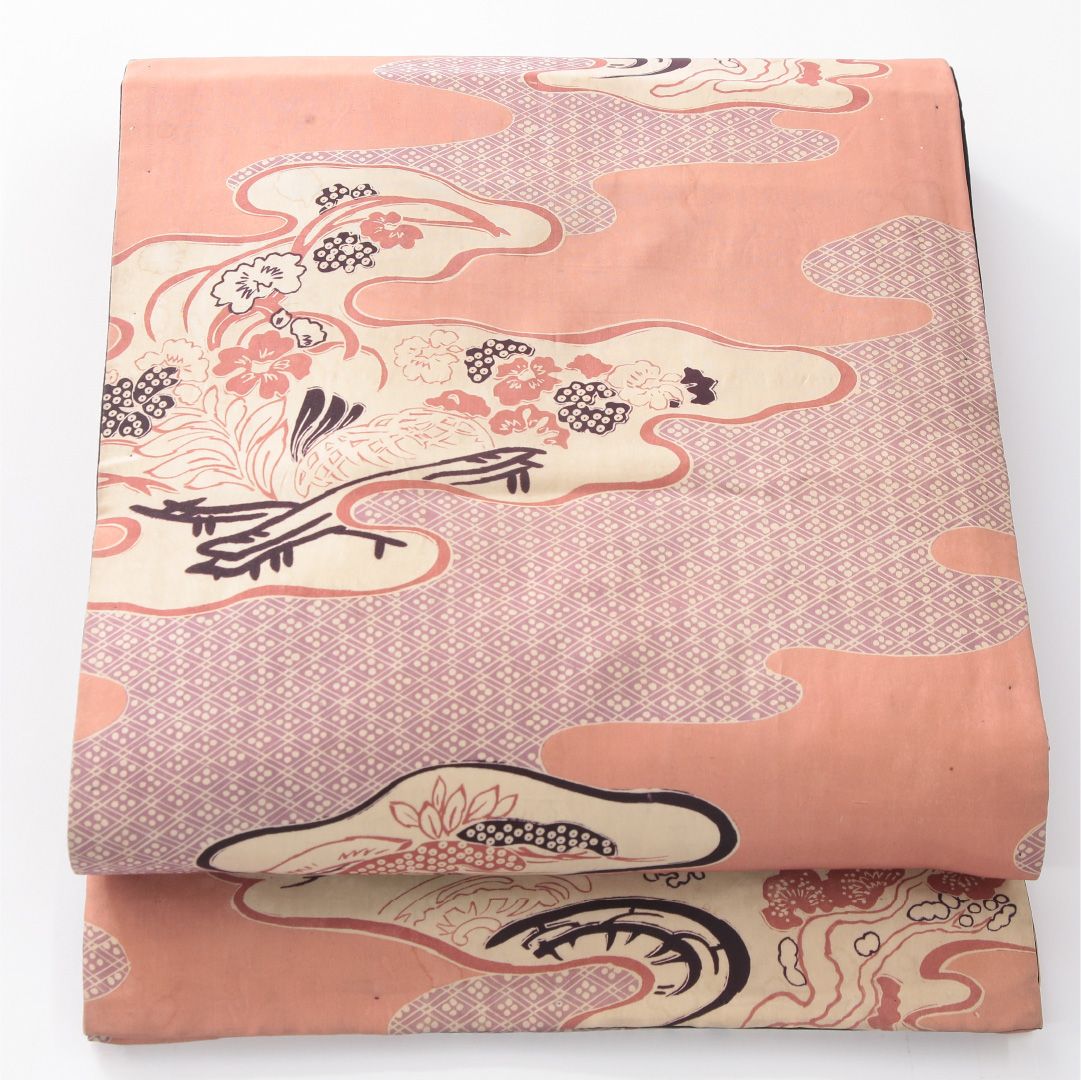お買い得品！アンティーク 九寸名古屋帯 Aランク 帯丈378cm 正絹 全通 開き仕立て 染め 道長取り 吉祥文様 淡いピンク系 M4 1245-04175