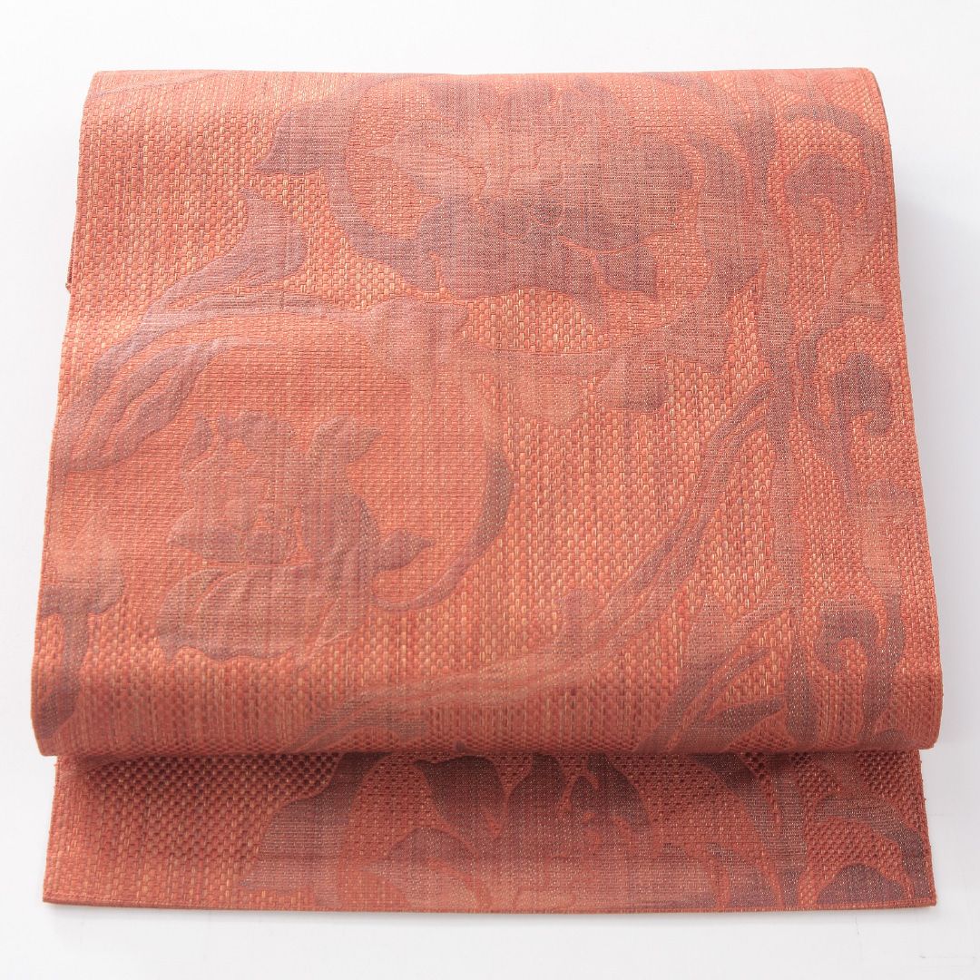 お買い得品！九寸名古屋帯 Sランク 帯丈362cm 正絹 六通 名古屋仕立て 織り インフォーマル ふくれ織 唐草華文 朱系 LP 1245-04179